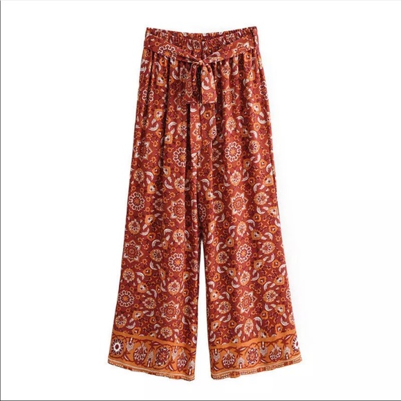 Paisley Floral Boho Gypsy Print Wide Leg Pants - Picture 4 of 6